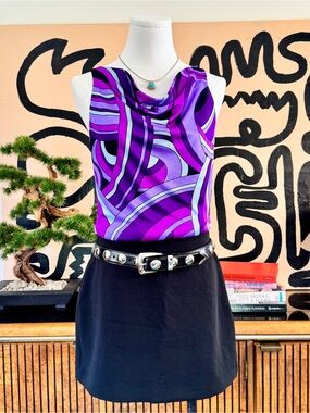 Vintage Arden B Y2K Purple Abstract Cowl Neck Top Pucci Inspired